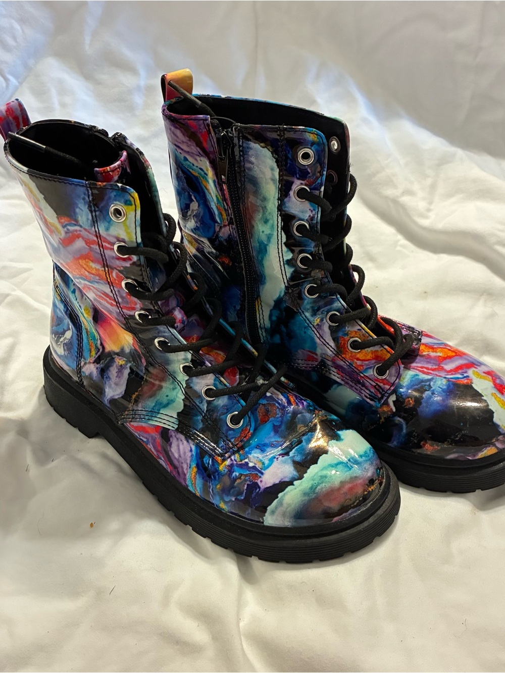 Multicolor Marble Print Combat Boots - Girls Lace-Up Ankle Boots